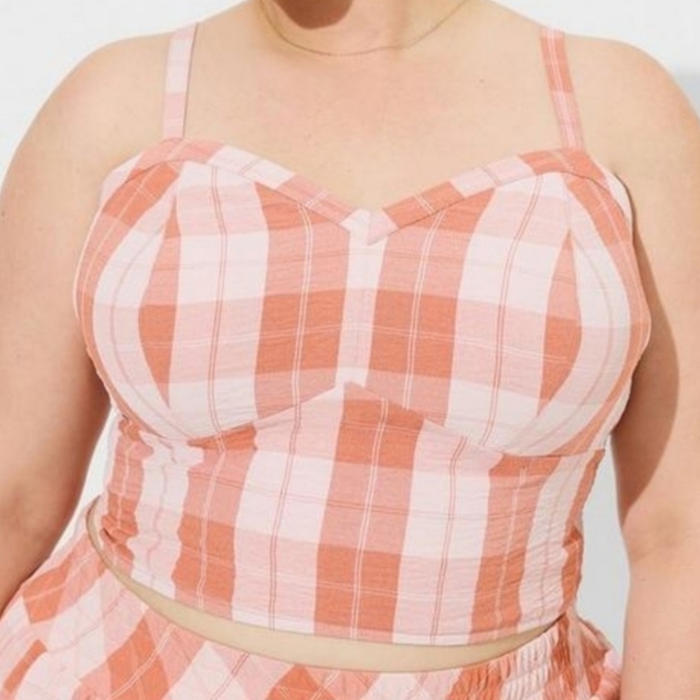 Plus Size Plaid Bustier Crop Top – Adjustable Straps – Pink & Rust Gingham